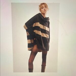 Free People Black and Tan Oversized Striped Hoodie
